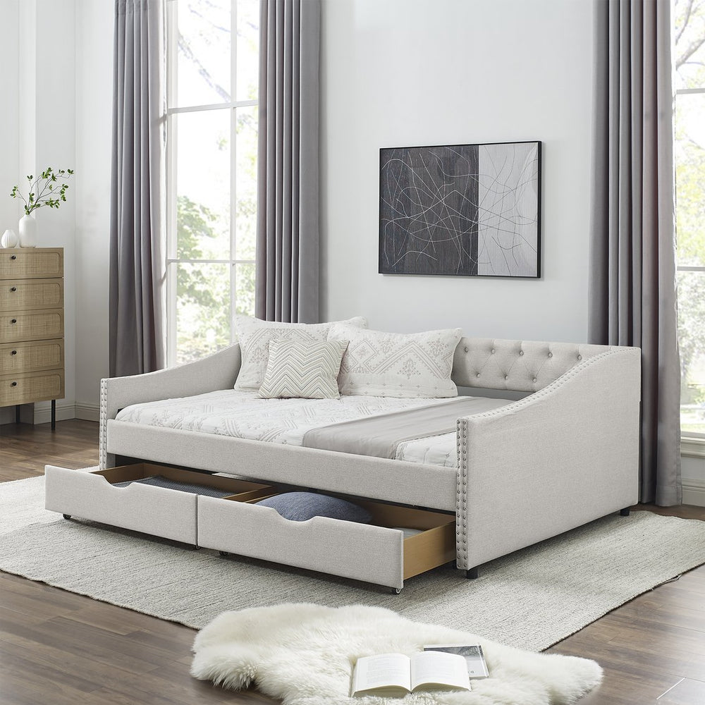 English Elm Full Size Daybed With Drawers - Elegant Tufted Sofa Bed, Copper Nail Trim, Beige, Perfect For Any Room W1413S00004