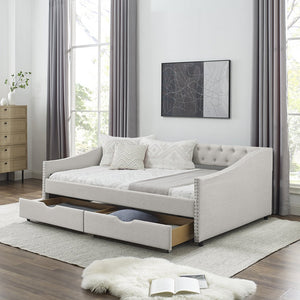 English Elm Full Size Daybed With Drawers - Elegant Tufted Sofa Bed, Copper Nail Trim, Beige, Perfect For Any Room W1413S00004