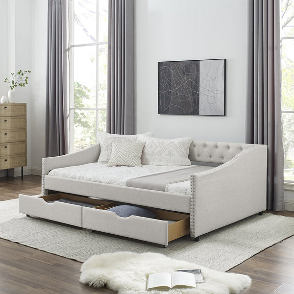 English Elm Full Size Daybed With Drawers - Elegant Tufted Sofa Bed, Copper Nail Trim, Beige, Perfect For Any Room W1413S00004