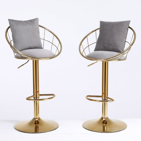English Elm Grey Velvet Swivel Barstools with Gold Frame Lattice Back Glam Seating Set of 2 W117065088