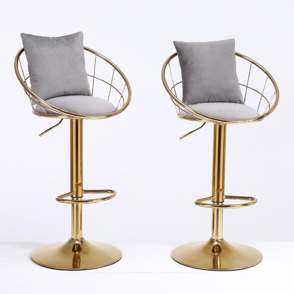 English Elm Grey Velvet Swivel Barstools with Gold Frame Lattice Back Glam Seating Set of 2 W117065088