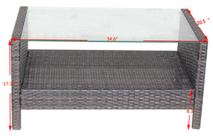 English Elm Outdoor Patio Coffee Table Brown Wicker PE Rattan Steel Frame Tempered Glass 32.3"L Weatherproof Elegance W20967099