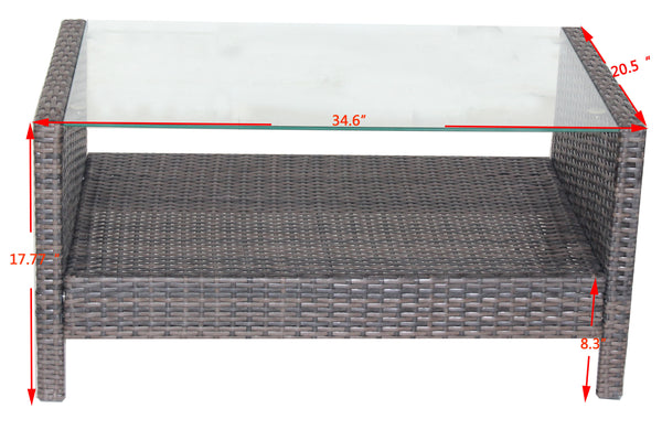 English Elm Outdoor Patio Coffee Table Brown Wicker PE Rattan Steel Frame Tempered Glass 32.3"L Weatherproof Elegance W20967099