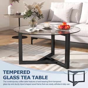 English Elm On-trend Round Tempered Glass Cocktail Table Tripod Wood Base Modern Living Room WF293702AAB