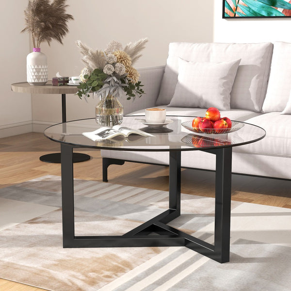 English Elm On-trend Round Tempered Glass Cocktail Table Tripod Wood Base Modern Living Room WF293702AAB