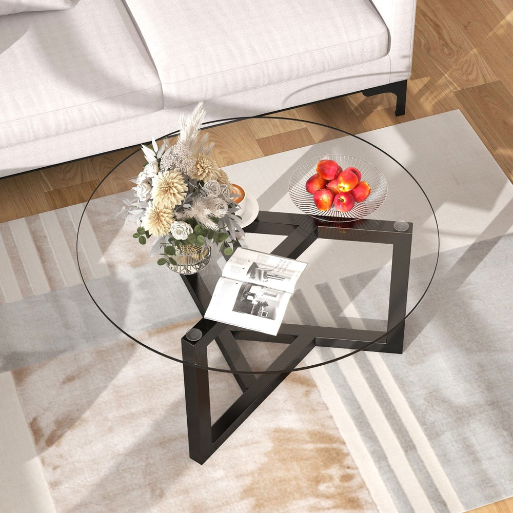 English Elm On-trend Round Tempered Glass Cocktail Table Tripod Wood Base Modern Living Room WF293702AAB