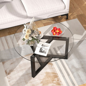 English Elm On-trend Round Tempered Glass Cocktail Table Tripod Wood Base Modern Living Room WF293702AAB