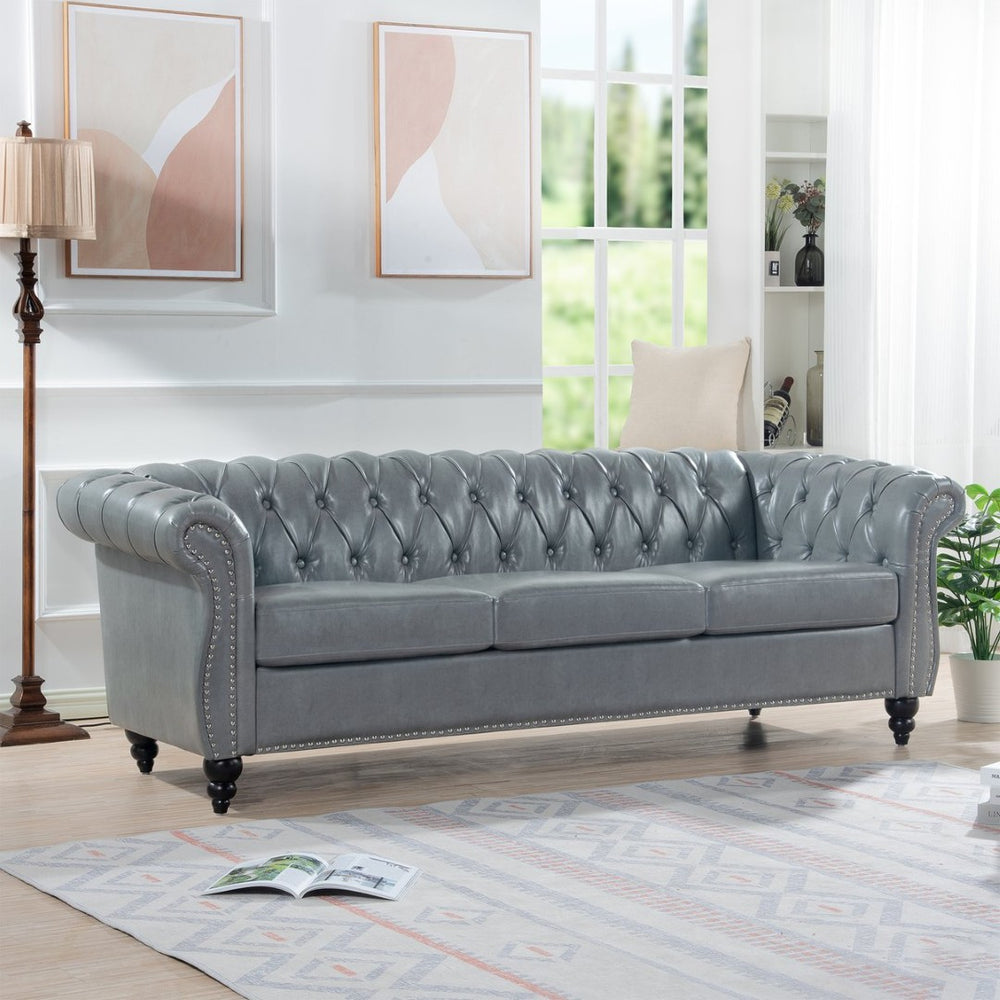 English Elm 84.65" Tufted Pu Leather Chesterfield Sofa Three Seat Club Style Living Room W68061169
