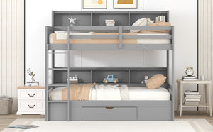 English Elm Twin Twin-Over-Twin Bunk Bed with Built-In Shelves, Full Guardrails, Ladder and Under-Drawer Storage Gray GX000323AAE