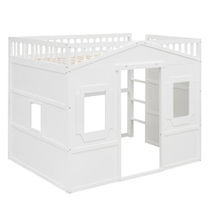 Hearth and Haven Wilson Full Size House Loft Bed with Ladder and 2 Windows, White LT000337AAK