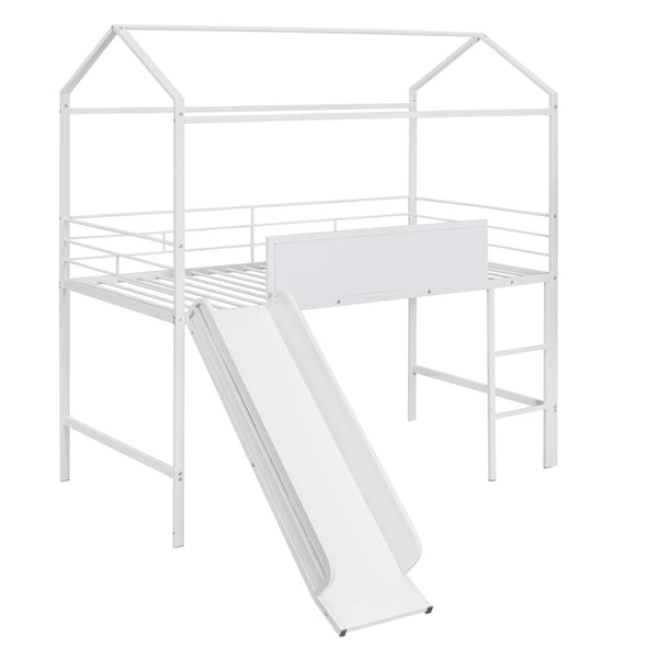 English Elm Metal House Loft Bed Twin Frame with Slide Ladder Writing Board Kids Playroom MF294384AAK
