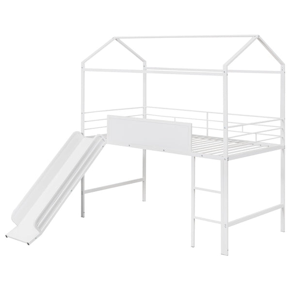 English Elm Metal House Loft Bed Twin Frame with Slide Ladder Writing Board Kids Playroom MF294384AAK