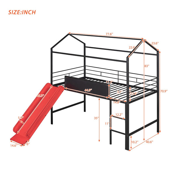 English Elm Metal Cabin Loft Bed for Kids with Built-in Slide Writing Board Playhouse Frame MF294384AAJ