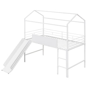 English Elm Metal House Loft Bed Twin Frame with Slide Ladder Writing Board Kids Playroom MF294384AAK