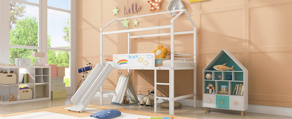 English Elm Metal House Loft Bed Twin Frame with Slide Ladder Writing Board Kids Playroom MF294384AAK