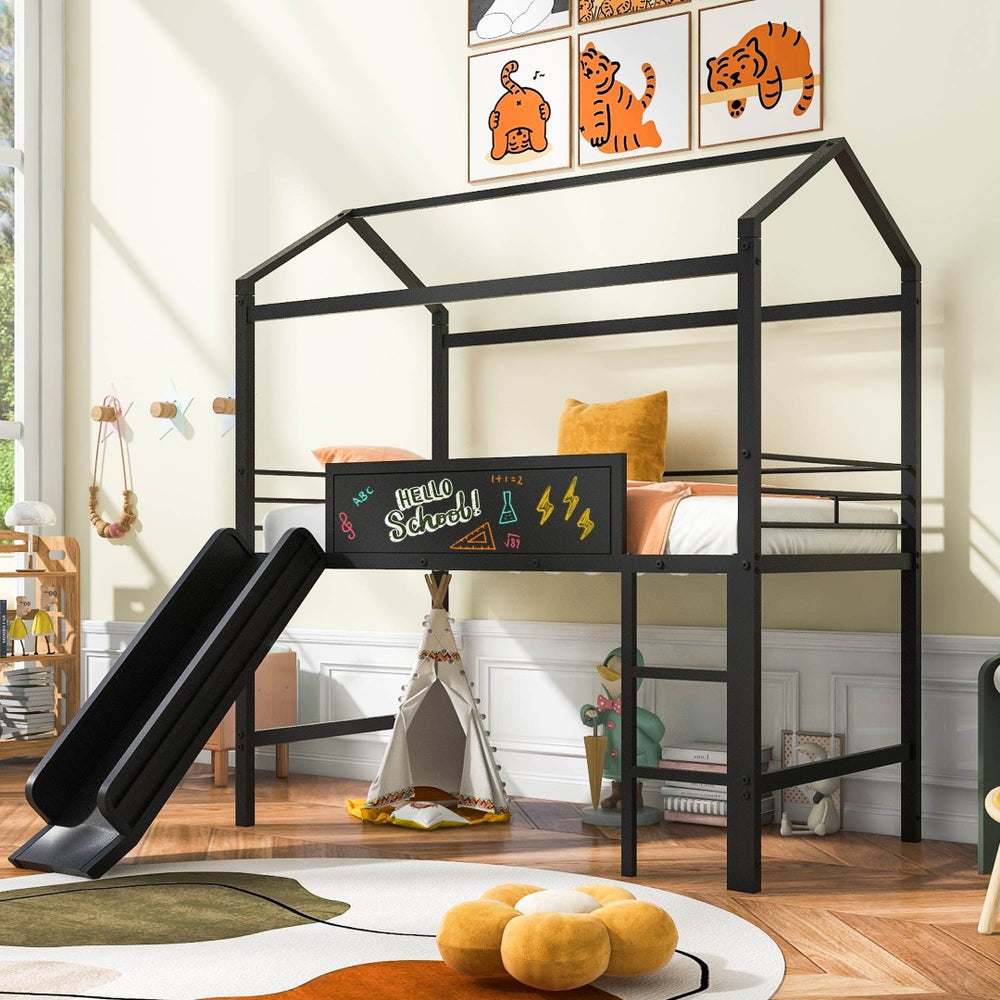 English Elm Metal House Loft Bed Twin Frame with Built-in Slide Writing Board Kids Bedroom MF294384AAB