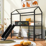 Hearth and Haven Breeze Twin Size House-Shaped Low Loft Bed with 2-Side Writable Board and Slide, Black MF294384AAB