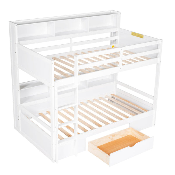 English Elm Twin Twin-Over-Twin Bunk Bed with Built-In Shelves, Full Guardrails, Ladder and Under-Drawer Storage White GX000323AAK