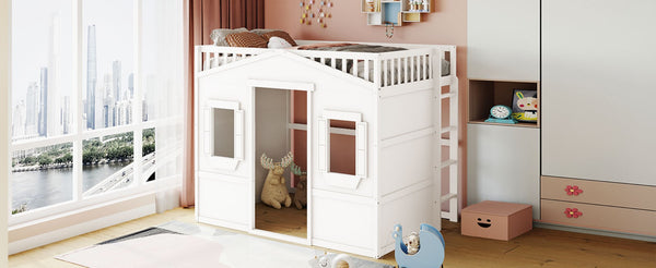 English Elm Full Size Pine Wood Loft Bed with Guard Rails and Ladder for Kids Bedroom LT000337AAK
