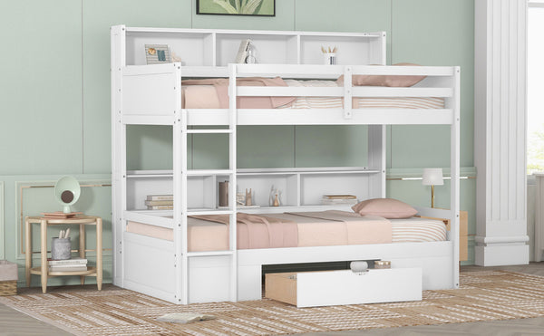 English Elm Twin Twin-Over-Twin Bunk Bed with Built-In Shelves, Full Guardrails, Ladder and Under-Drawer Storage White GX000323AAK