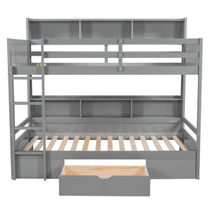 English Elm Twin Twin-Over-Twin Bunk Bed with Built-In Shelves, Full Guardrails, Ladder and Under-Drawer Storage Gray GX000323AAE
