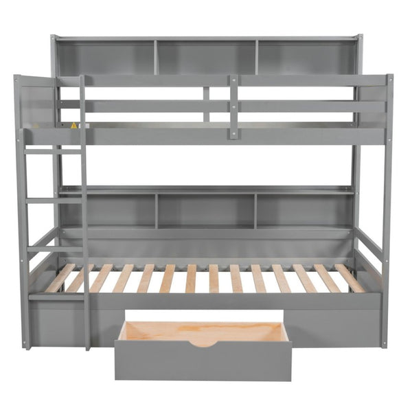 English Elm Twin Over Bunk Bed Pine Wood Frame with Built in Shelving and Storage Drawer Gray GX000323AAE-1