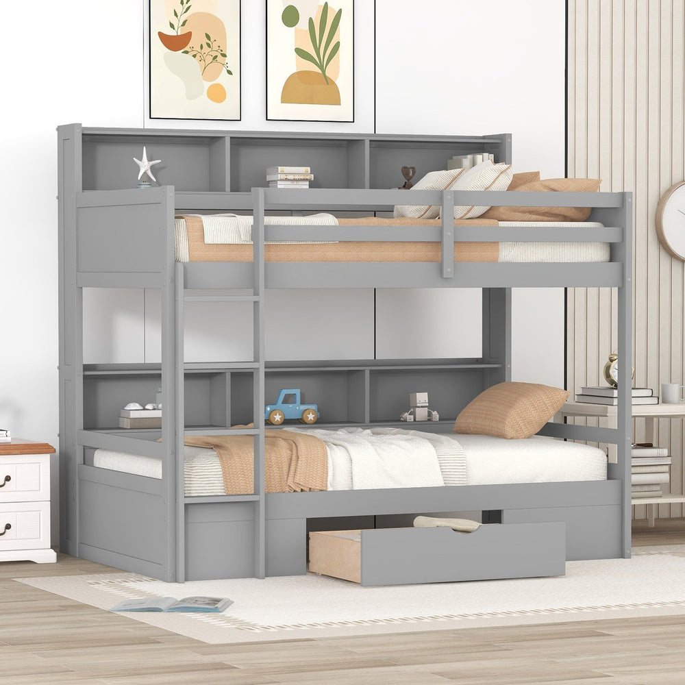 English Elm Twin Twin-Over-Twin Bunk Bed with Built-In Shelves, Full Guardrails, Ladder and Under-Drawer Storage Gray GX000323AAE