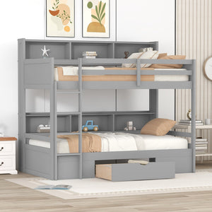 English Elm Twin Twin-Over-Twin Bunk Bed with Built-In Shelves, Full Guardrails, Ladder and Under-Drawer Storage Gray GX000323AAE