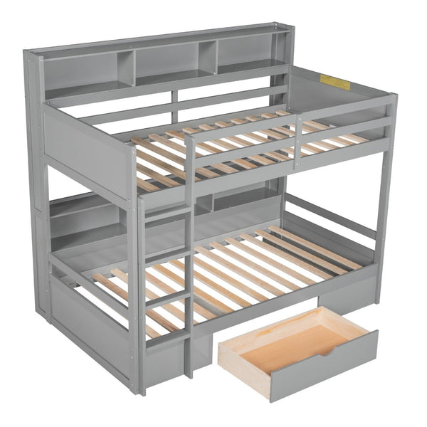 English Elm Twin Over Bunk Bed Pine Wood Frame with Built in Shelving and Storage Drawer Gray GX000323AAE-1