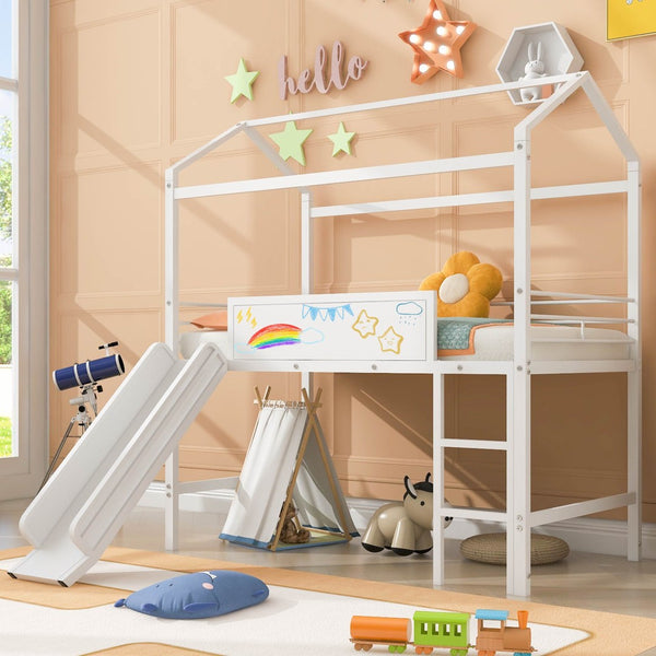 English Elm Metal House Loft Bed Twin Frame with Slide Ladder Writing Board Kids Playroom MF294384AAK