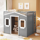 Hearth and Haven Wilson Full Size House Loft Bed with Ladder and 2 Windows, White and Grey LT000337AAN