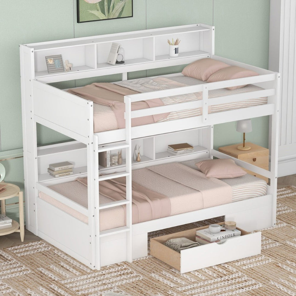 English Elm Twin Over Bunk Bed Pine Wood Frame with Built in Shelving and Storage Drawer White GX000323AAK-1