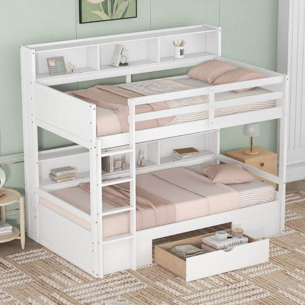 English Elm Twin Over Bunk Bed Pine Wood Frame with Built in Shelving and Storage Drawer White GX000323AAK-1