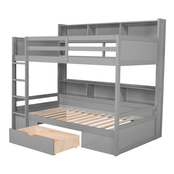 English Elm Twin Twin-Over-Twin Bunk Bed with Built-In Shelves, Full Guardrails, Ladder and Under-Drawer Storage Gray GX000323AAE