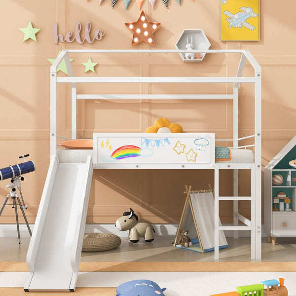 English Elm Metal House Loft Bed Twin Frame with Slide Ladder Writing Board Kids Playroom MF294384AAK