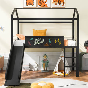 English Elm Metal House Loft Bed Twin Frame with Built-in Slide Writing Board Kids Bedroom MF294384AAB