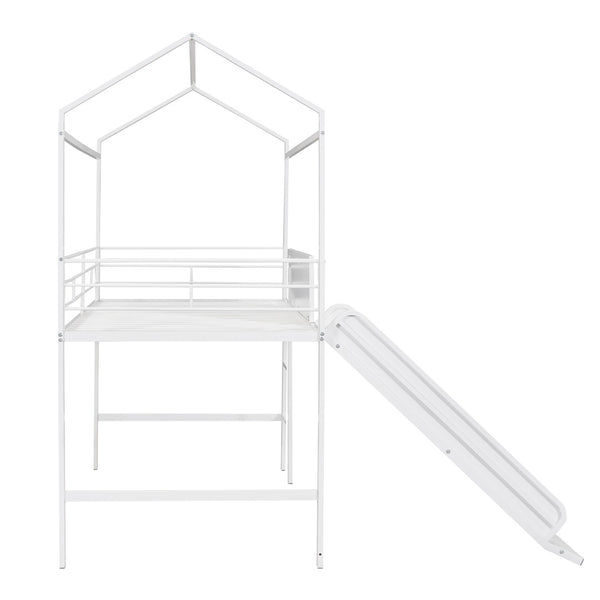 English Elm Metal House Loft Bed Twin Frame with Slide Ladder Writing Board Kids Playroom MF294384AAK