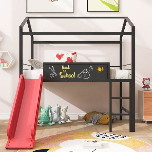 English Elm Metal Cabin Loft Bed for Kids with Built-in Slide Writing Board Playhouse Frame MF294384AAJ