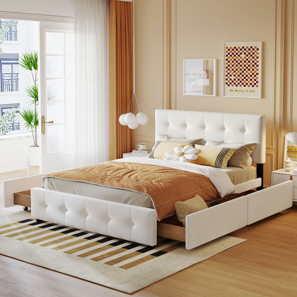 English Elm Upholstered Queen Storage Bed Tufted Linen Headboard Four Drawers No Box Spring LP100114AAK
