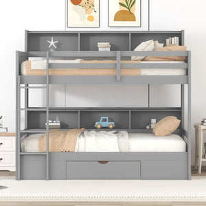 English Elm Twin Twin-Over-Twin Bunk Bed with Built-In Shelves, Full Guardrails, Ladder and Under-Drawer Storage Gray GX000323AAE