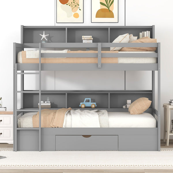 English Elm Twin Twin-Over-Twin Bunk Bed with Built-In Shelves, Full Guardrails, Ladder and Under-Drawer Storage Gray GX000323AAE