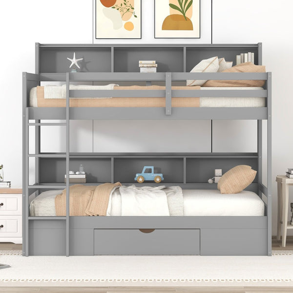 English Elm Twin Over Bunk Bed Pine Wood Frame with Built in Shelving and Storage Drawer Gray GX000323AAE-1