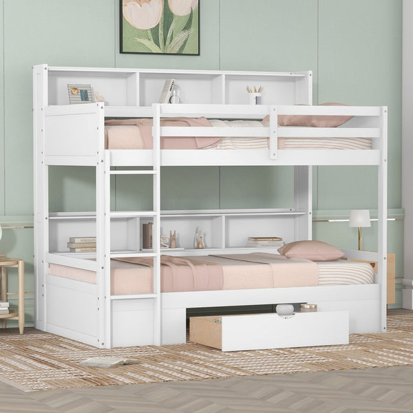 English Elm Twin Twin-Over-Twin Bunk Bed with Built-In Shelves, Full Guardrails, Ladder and Under-Drawer Storage White GX000323AAK
