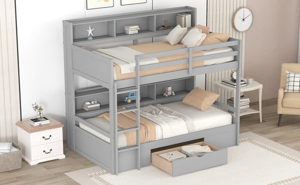 English Elm Twin Over Bunk Bed Pine Wood Frame with Built in Shelving and Storage Drawer Gray GX000323AAE-1