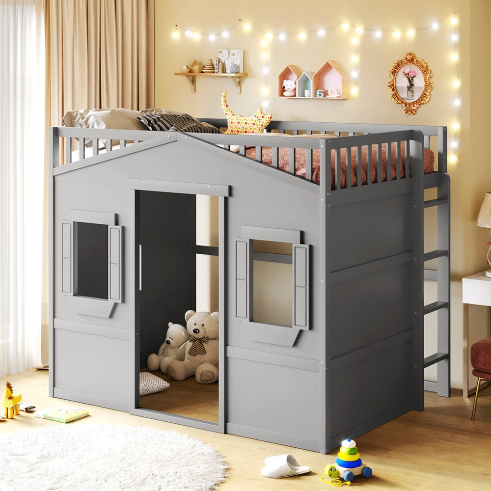English Elm Full Size Pine Wood Loft Bed with Guard Rails and Ladder for Kids Rooms LT000337AAE