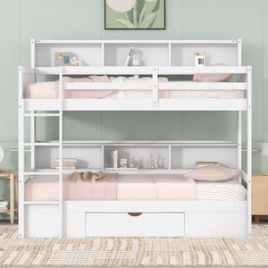 English Elm Twin Twin-Over-Twin Bunk Bed with Built-In Shelves, Full Guardrails, Ladder and Under-Drawer Storage White GX000323AAK