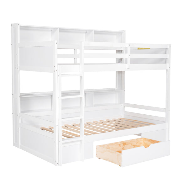 English Elm Twin Twin-Over-Twin Bunk Bed with Built-In Shelves, Full Guardrails, Ladder and Under-Drawer Storage White GX000323AAK