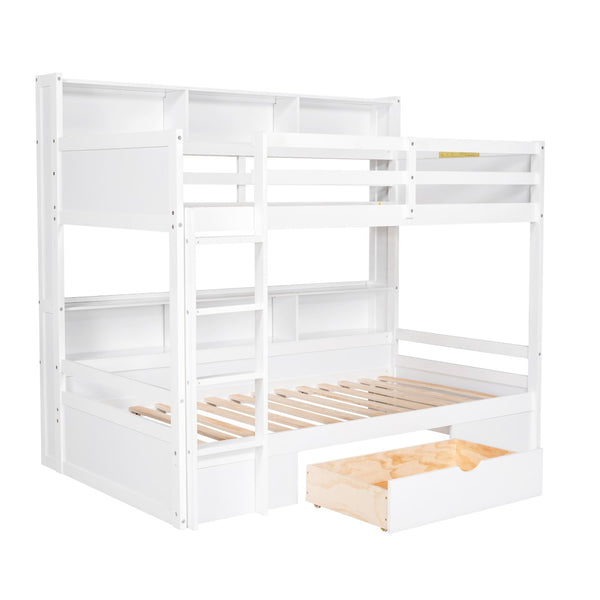 English Elm Twin Over Bunk Bed Pine Wood Frame with Built in Shelving and Storage Drawer White GX000323AAK-1