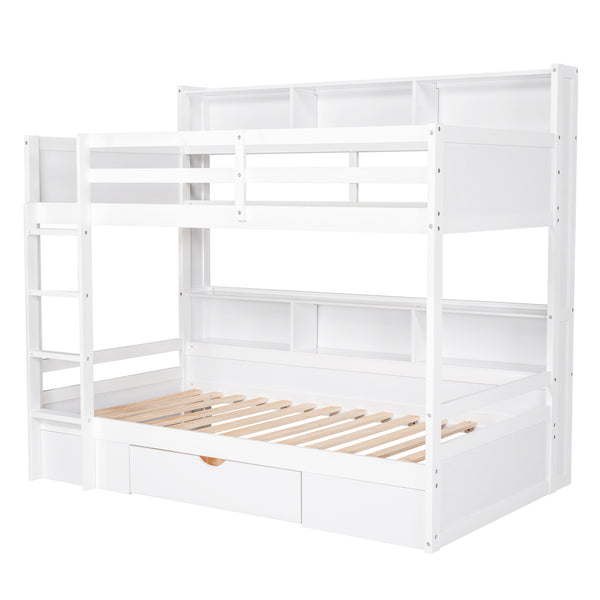 English Elm Twin Twin-Over-Twin Bunk Bed with Built-In Shelves, Full Guardrails, Ladder and Under-Drawer Storage White GX000323AAK