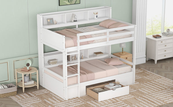 English Elm Twin Twin-Over-Twin Bunk Bed with Built-In Shelves, Full Guardrails, Ladder and Under-Drawer Storage White GX000323AAK